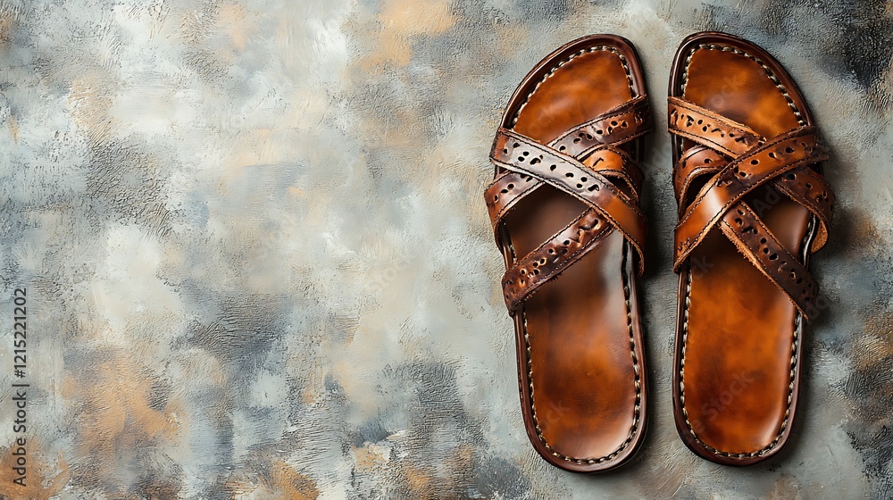 Poster elegant leather sandals displayed on a neutral gray gradient background with space for text above