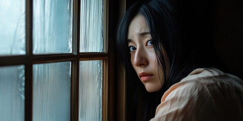 Fototapeta premium A woman with dark hair and blue eyes is looking out a window. The window is foggy and the woman is sad