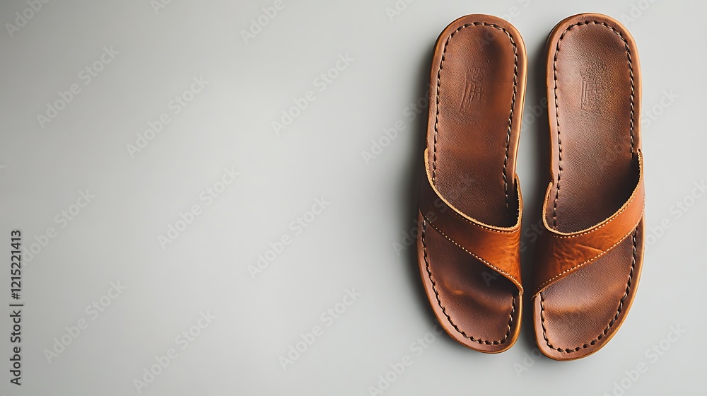 Aufkleber elegant leather sandals displayed on a neutral gray gradient background with space for text above