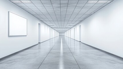 Empty office hallway with blank frame, receding doors, and tiled floor