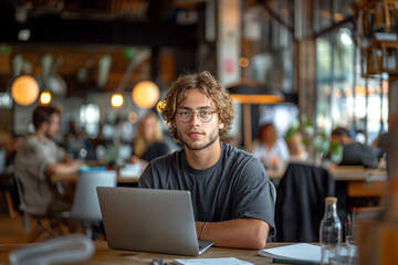 Obraz premium A young man sits at a table with a laptop open in front of him