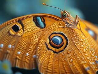 Close-up of orange butterfly with dew drops.