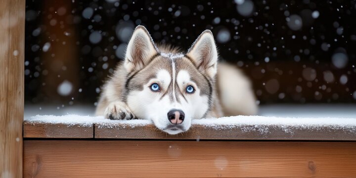 A captivating image of a Siberian husky resting on a wooden porch, its striking blue eyes focused intently, with soft snowfall in the background