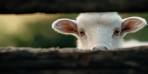 Fototapeta premium A charming close-up of a young goat with soft white fur and curious amber eyes, peeking through a rustic wooden fence, with soft morning light highlighting its face