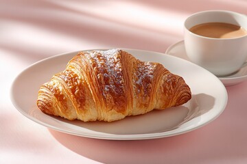 A freshly baked croissant dusted with powdered sugar on a white plate beside a cup of coffee on a soft pink background