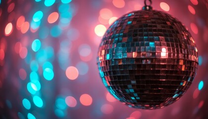 Obraz premium A dazzling disco ball hangs in the foreground, surrounded by a dreamy blur of pink and blue bokeh lights. This image captures the essence of nightlife and celebration, evoking feelings of joy and