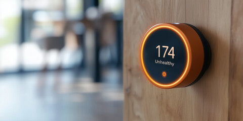 Close up of air quality monitor displaying unhealthy levels in modern home