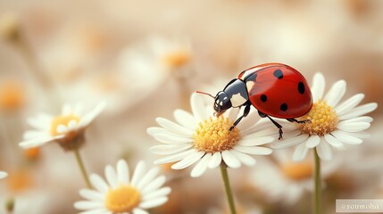 Fototapeta premium red ladybug on camomile flower, ladybird creeps on stem of plant in spring in garden in summer