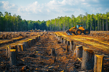 Clear-cut forest shows stark landscape of tree stumps and abandoned machinery under blue skies