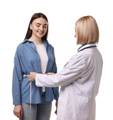 Weight loss. Nutritionist measuring patient's waist with tape on white background