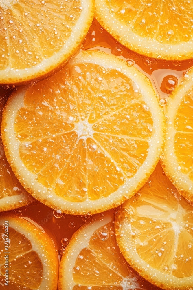 Poster a close up of a bunch of oranges with a sugary syrup on top. the oranges are sliced and arranged in 