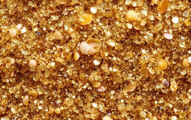 Close-up of golden beach sand with tiny seashells and sparkling grains