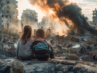 War-torn child and girl looking at destruction