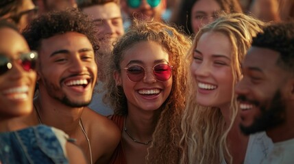 Fototapeta premium A group of people are smiling and wearing sunglasses. Scene is happy and fun
