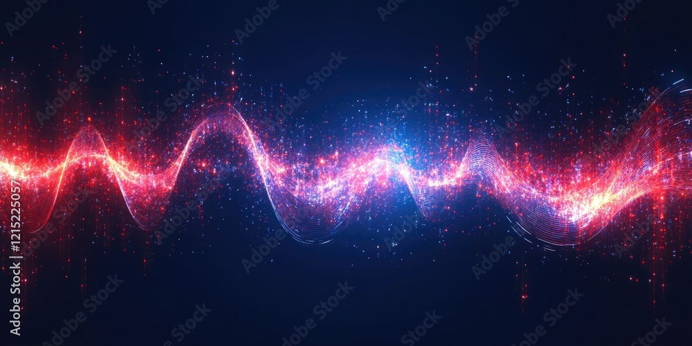 Poster a long red and blue wave of light with many small red and blue dots. the wave is moving and the dots