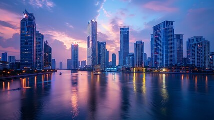 Obraz premium City Skyline Reflected In Calm Water At Sunset