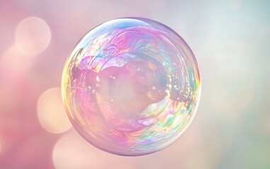 Close-up of a shimmering soap bubble with swirling neon hues and soft reflections