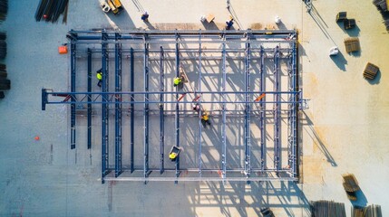 An aerial view of a construction team assembling steel trusses for a warehouse roof structure, Warehouse construction scene, Structural assembly style