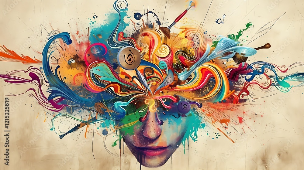 Poster a creative mind with a burst of colorful, swirling patterns and artistic tools emerging from the cen