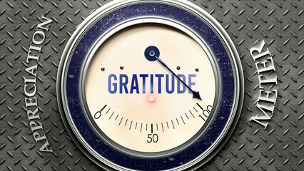 Gratitude and Appreciation that is hitting a full scale, showing a very high level of gratitude, overload of it, too much of it. Maximum value, off the charts.  ,3d illustration