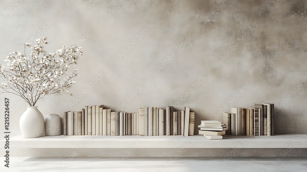 Poster minimalist bookshelf on a light beige backdrop, ample copy space on the right