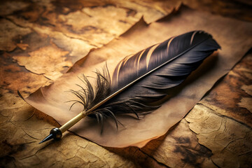 A vintage feather quill rests on aged parchment, evoking a sense of nostalgia and the art of classic writing.