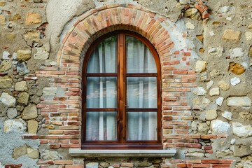 Fototapeta premium Red brick wall and arched window of classical european building in Rome. Detailed photo textured background