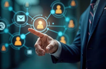 Fototapeta premium Businessperson interacts with digital marketing strategy visualized as network of customer profiles. Email, SMS campaigns highlighted as important communication channels. Focus on direct sales,
