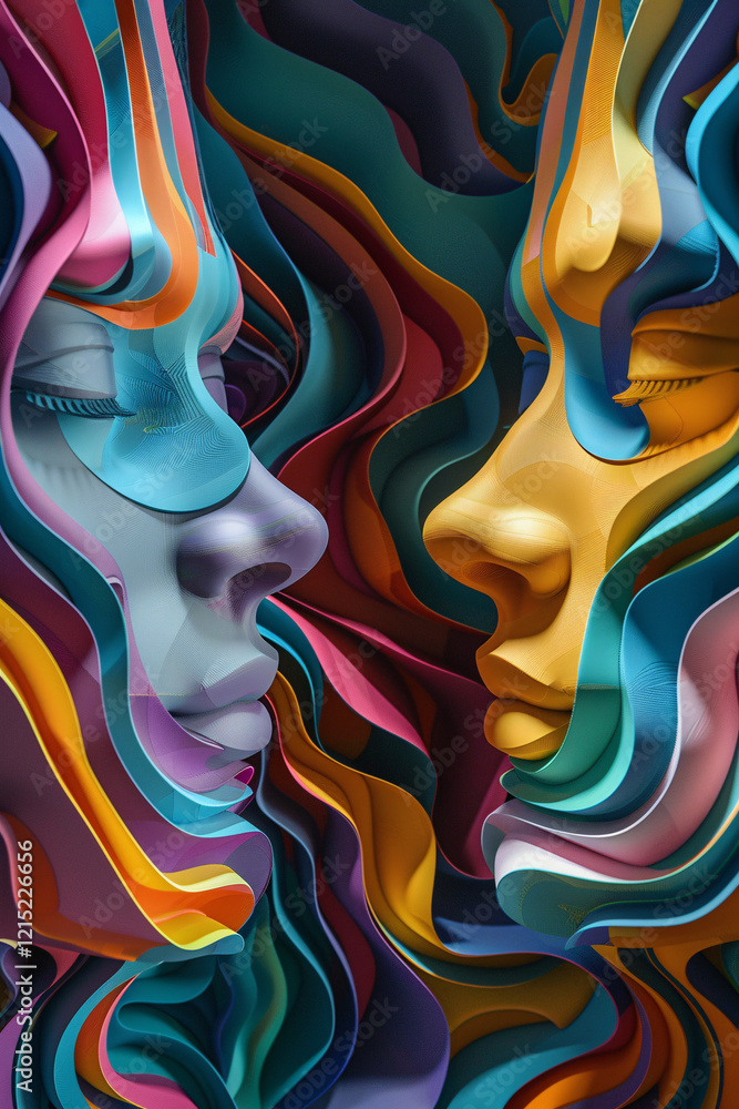 Aufkleber digitally generated vibrant abstract art with colorful wavy patterns forming human-like faces