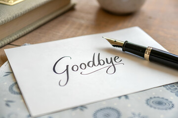 A pen rests beside a card reading "Goodbye," set against a backdrop of a notebook and a decorative surface, evoking themes of farewell and reflection.