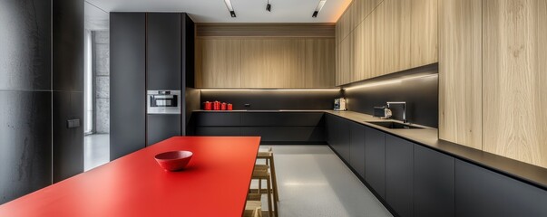 An ultra-modern kitchen with ash wood cabinets and a matte black wall