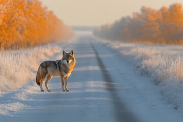 Obraz premium Lone wolf standing on snowy road at sunrise.