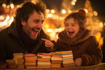 A joyful moment at a book fair booth, celebrating World Book Day, where a dad and daughter share laughter over colorful books.