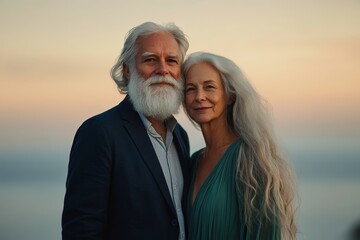 A minimalistic portrait of an elderly couple, with the man in a suit and the woman in a flowing dress, against a soft sunset background