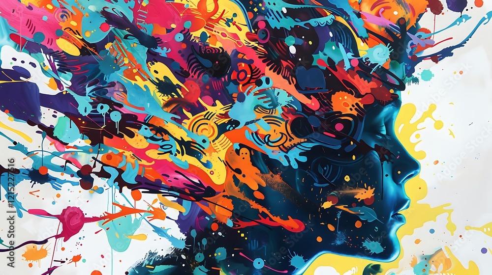 Poster a distracted mind with overlapping, fragmented patterns and bright, chaotic colors representing scat