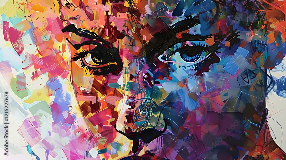 Poster a distracted mind with overlapping, fragmented patterns and bright, chaotic colors representing scat