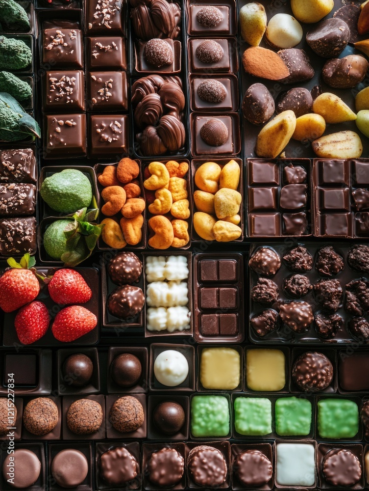 Aufkleber a variety of chocolates and fruits are displayed in a box. the chocolates are of different shapes an