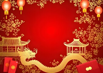 A vibrant Chinese New Year festive background featuring traditional red and gold colors, ornate lanterns, and intricate floral patterns.