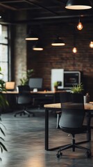Modern Industrial Office Interior Design: Stylish Workspace with Dark Wood Desk, Black Mesh Chairs, and Exposed Brick Walls