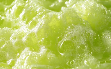 Extreme close-up of neon green soap foam with transparent bubbles and a glossy texture