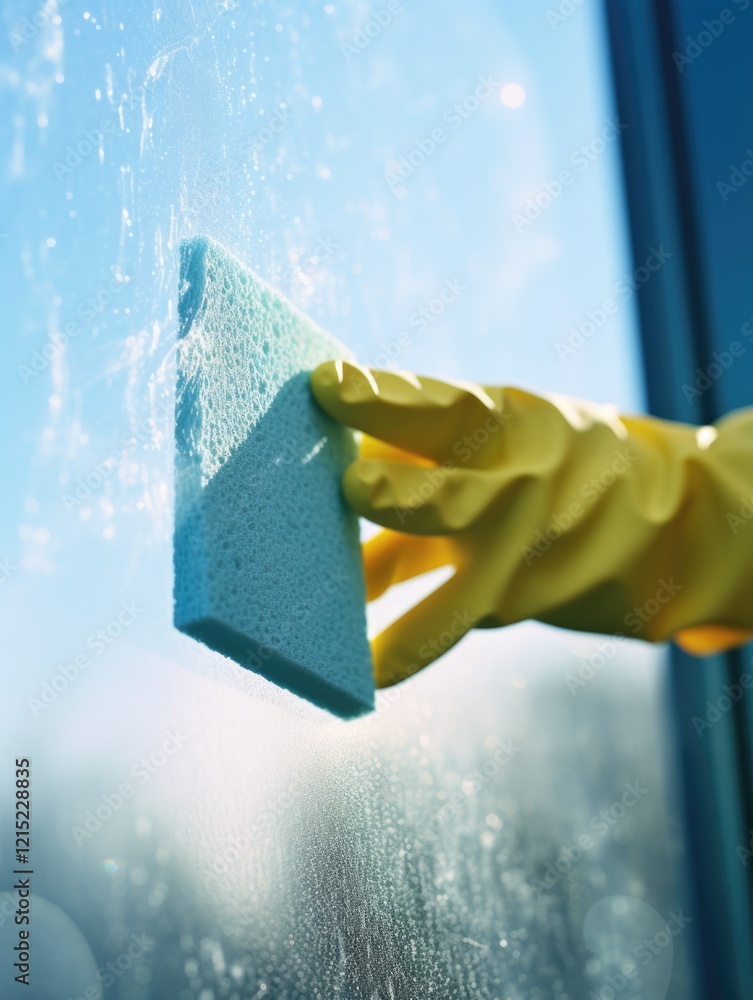 Poster a person is cleaning a window with a sponge. the window is dirty and the person is using a squeegee 