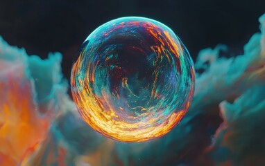 Floating soap bubble with intense color refractions and a surreal glow