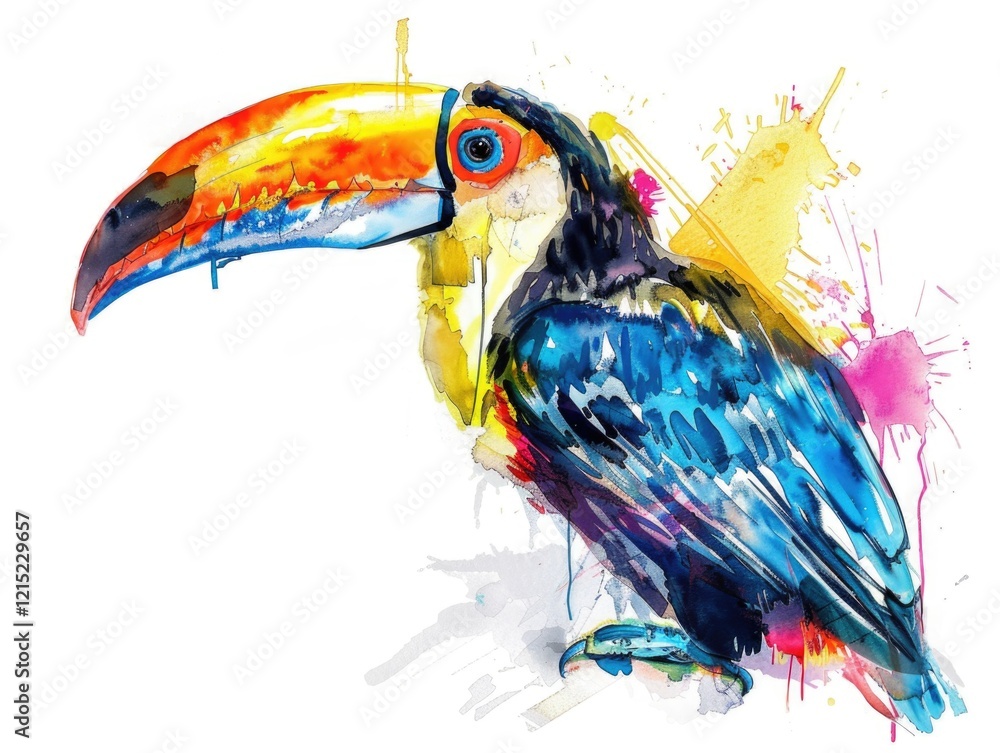 Poster this is a digitally rendered image of a toucan, showcasing a vibrant palette and dynamic splatter st