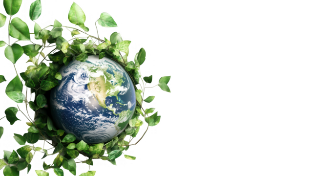 Earth Day PNG file, Earth wrapped in a vine plant, symbolizing nature's embrace and environmental care, isolated on white