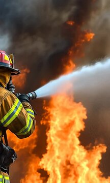 Firefighter extinguishing large blazing fire
