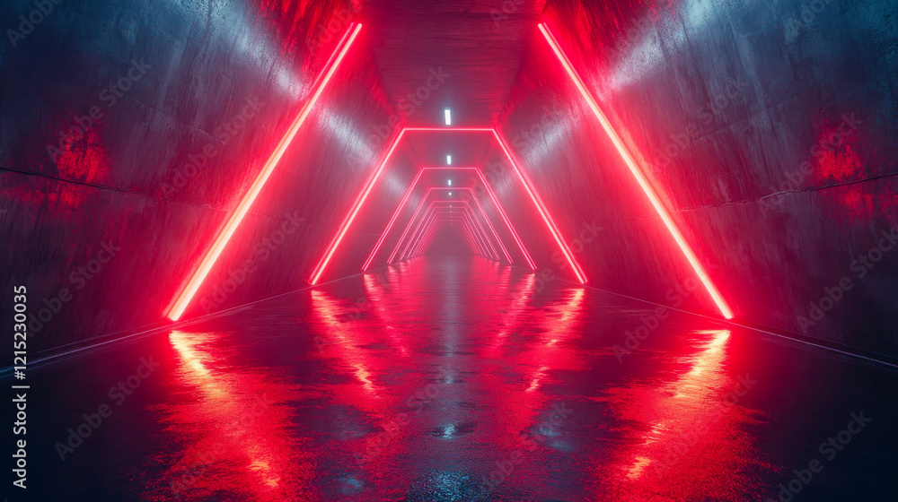 Poster symmetrical futuristic tunnel with red neon lights and triangular structural designs, reflecting on 