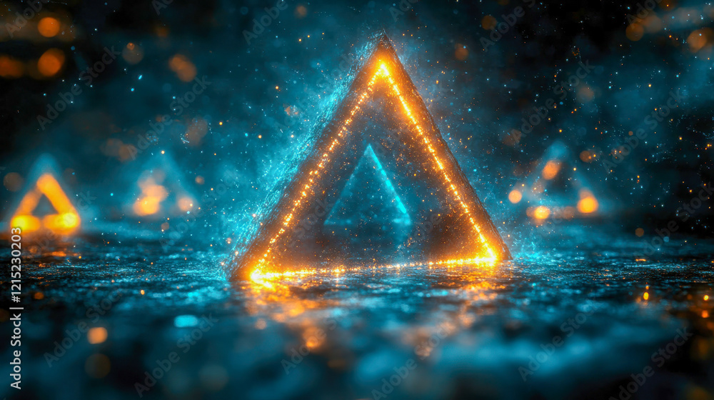 Poster bright glowing triangular pyramid floating on a holographic ocean. a sci-fi inspired surreal design