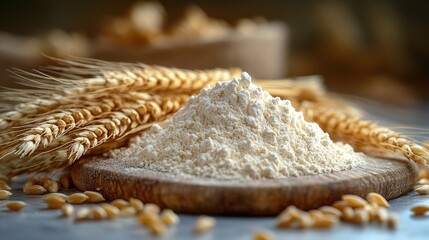 Finely sifted wheat flour forms a mountain on a marble board with golden wheat stalks