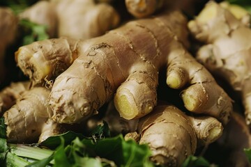 Close up of ginger root, highlighting its texture, color, and the accompanying green leaves