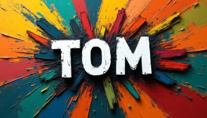 The image features the name TOM prominently displayed against a dynamic burst of vivid colors, creating an energetic and eye-catching effect. The colorful background, with its splashes of paint